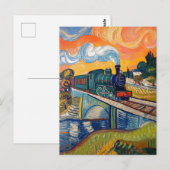 Vintage Steam Engine crossing Bridge painting ポストカード (正面/裏面)