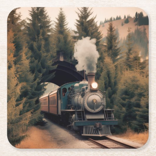Vintage Steam Engine Train スクエアペーパーコースター (正面)