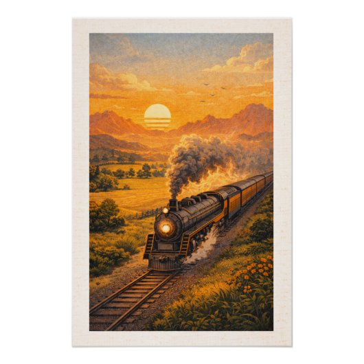 Vintage Steam Locomotive Sunset Retro Travel ポスター (正面)