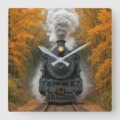 Vintage Steam Locomotive Train In Autumn Woods スクエア壁時計 (正面)
