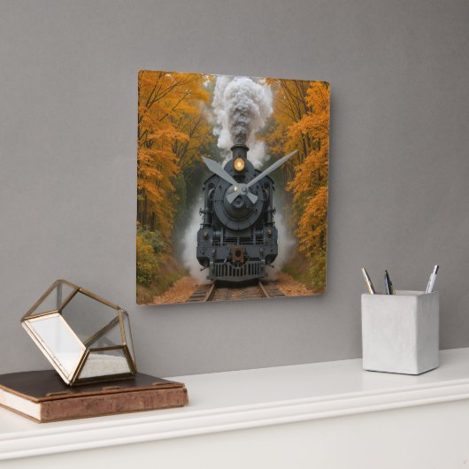 Vintage Steam Locomotive Train In Autumn Woods スクエア壁時計 (オフィス)