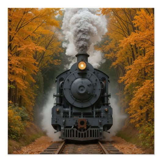 Vintage Steam Locomotive Train In Autumn Woods ポスター (正面)