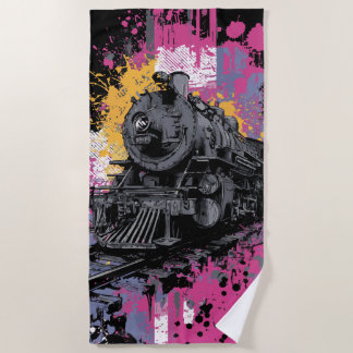 Vintage Steam Train Graffiti Pop Art Illustration ビーチタオル