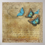 Vintage Steampunk Blue Butterflies on Parchment ポスター<br><div class="desc">Personalize this poster with your own message for Mother's Day.</div>