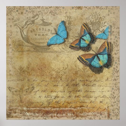 Vintage Steampunk Blue Butterflies on Parchment ポスター (正面)