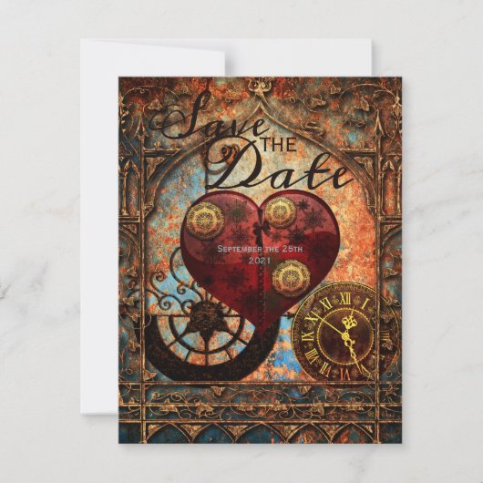 Vintage Steampunk Hearts Gears Wedding Save Date 招待状 (正面)