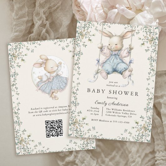 Vintage Storybook Bunny Baby Shower Invitation 招待状