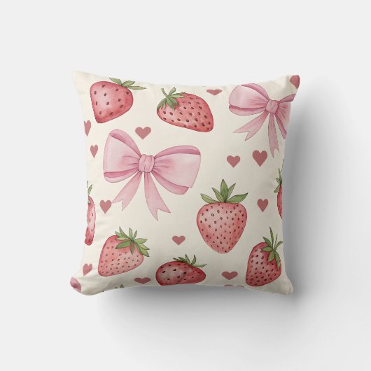 Vintage Strawberry and Pink Bows Coquette Pillow クッション (正面)