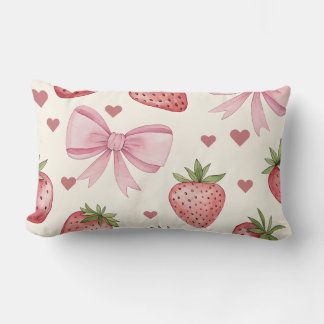 Vintage Strawberry and Pink Bows Coquette Pillow ランバークッション
