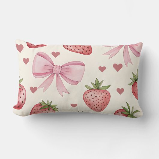 Vintage Strawberry and Pink Bows Coquette Pillow ランバークッション (正面)