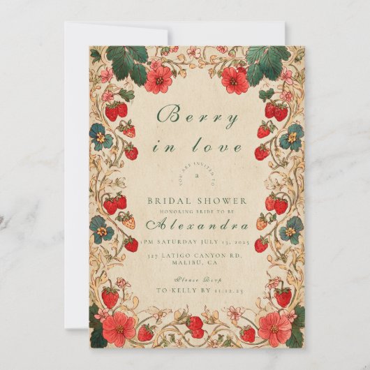 Vintage Strawberry Botanical Bridal Shower 招待状 (正面)
