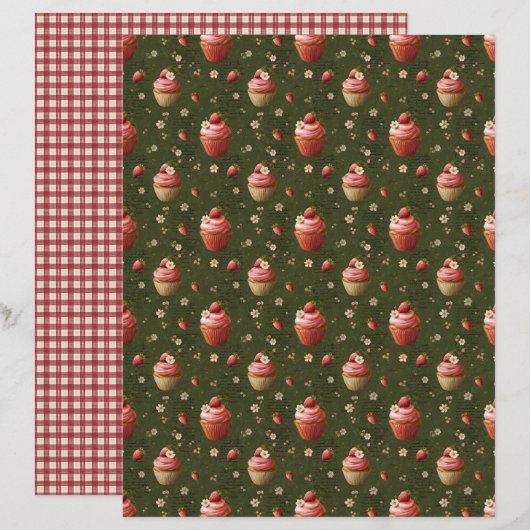 Vintage Strawberry Cupcakes Scrapbook Paper (正面/裏面)