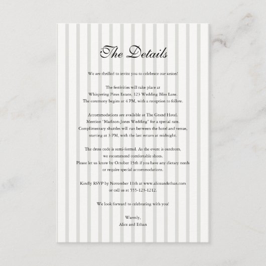 Vintage Stripe Old Money Wedding Details Photo エンクロージャーカード (正面)