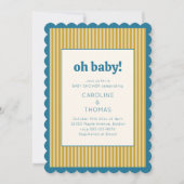 Vintage Stripe Scallop Blue Yellow Baby Shower 招待状 (正面)