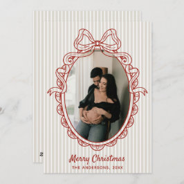 Vintage Stripes Red Bow Frame Christmas Photo シーズンカード