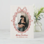 Vintage Stripes Red Bow Frame Christmas Photo シーズンカード (スタンド正面)
