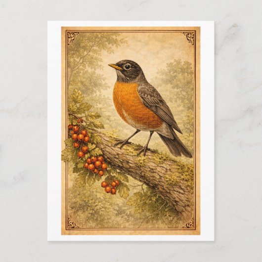 Vintage-Style American Robin Illustration ポストカード (正面)