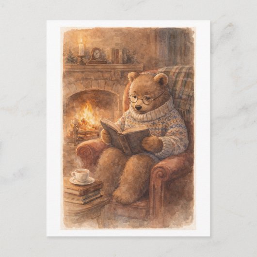 Vintage-Style Bear Reading by the Fireside ポストカード (正面)