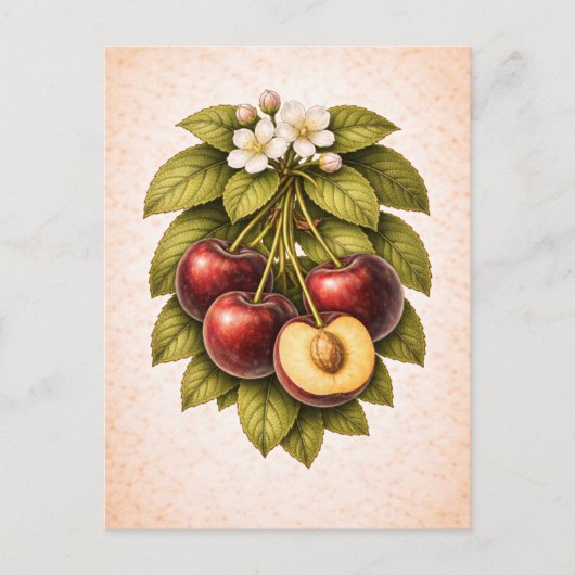 Vintage-Style Cherry Botanical Illustration ポストカード (正面)