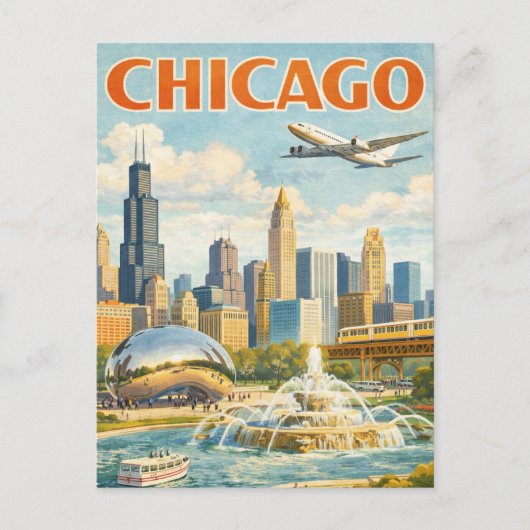 Vintage Style Chicago Travel Postcard ポストカード (正面)