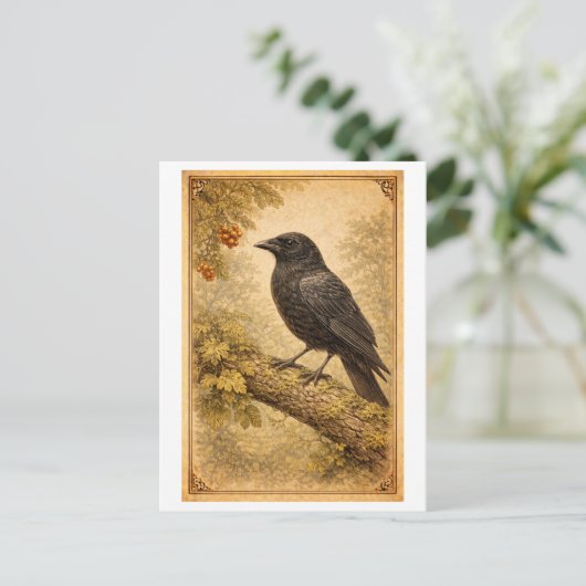Vintage-Style Crow Illustration ポストカード (スタンド正面)