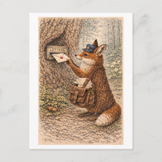 Vintage-Style Fox as Mailman Illustration ポストカード (正面)