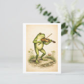 Vintage-Style Frog with Violin Illustration ポストカード (スタンド正面)