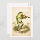 Vintage-Style Frog with Violin Illustration ポストカード (正面/裏面)