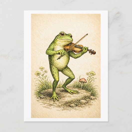 Vintage-Style Frog with Violin Illustration ポストカード (正面)