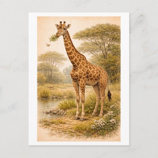 Vintage-Style Giraffe Illustration ポストカード (正面)
