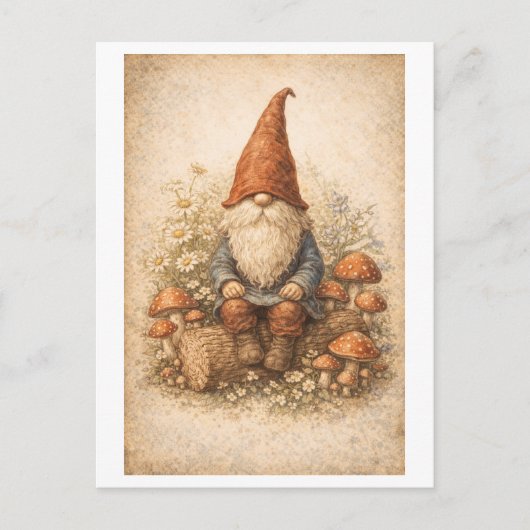 Vintage-Style Gnome on a Log ポストカード (正面)
