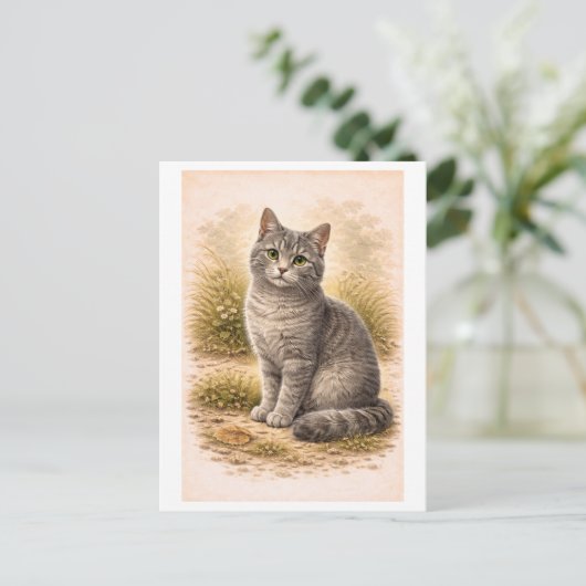 Vintage-Style Gray Cat Illustration ポストカード (スタンド正面)