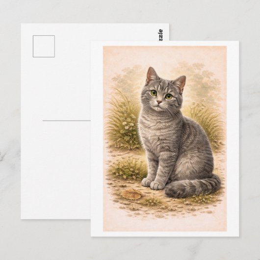 Vintage-Style Gray Cat Illustration ポストカード (正面/裏面)