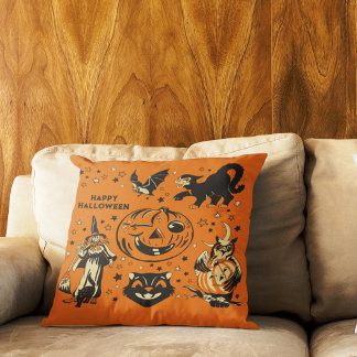 Vintage Style Halloween Graphics Orange and Black クッション