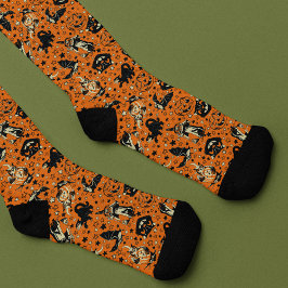 Vintage Style Halloween Graphics Orange and Black ソックス