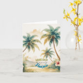 Vintage Style Hawaiian Seascape Palms Travel Art カード (黄色い花)