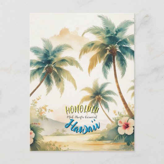 Vintage Style Hawaiian Seascape Palms Travel Art ポストカード (正面)