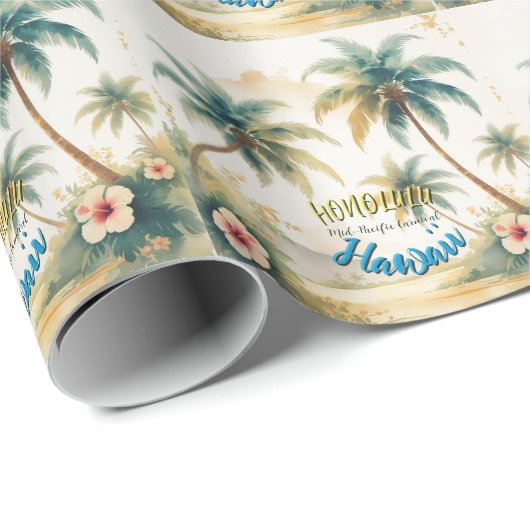 Vintage Style Hawaiian Seascape Palms Travel Art ラッピングペーパー (ロールコーナー)