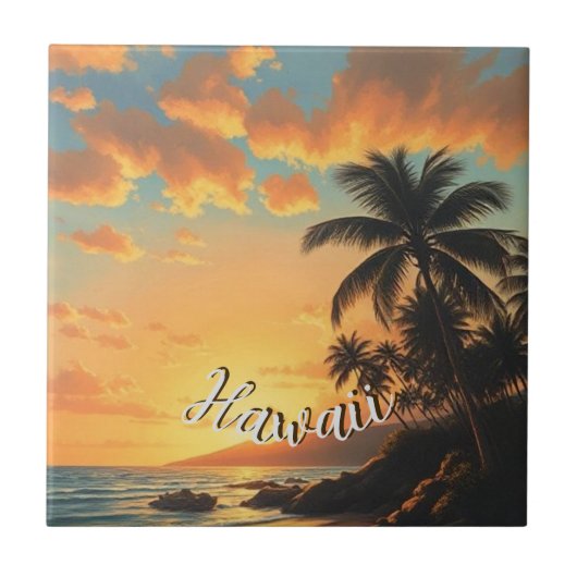 Vintage Style Hawaiian Travel Coast Sea Sunset タイル (正面)