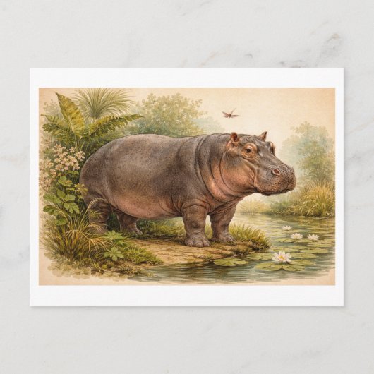 Vintage-Style Hippo Illustration ポストカード (正面)
