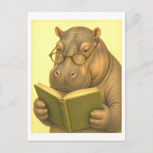 Vintage-Style Hippo Reading ポストカード (正面)