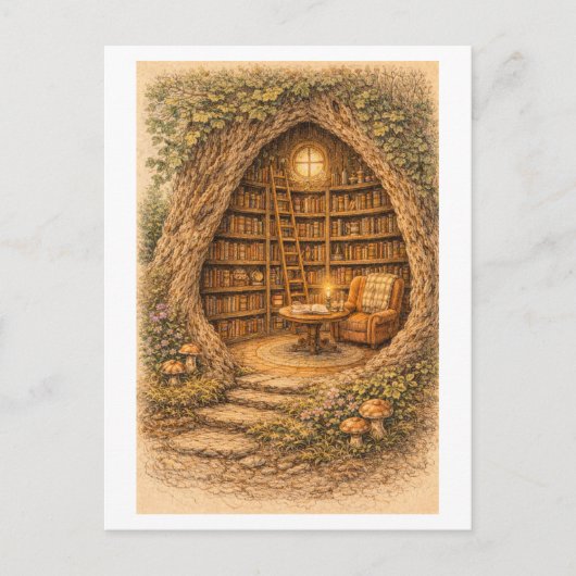 Vintage-Style Library in Hollow Tree ポストカード (正面)