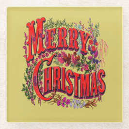 Vintage Style Merry Christmas Holiday Greeting  ガラスコースター