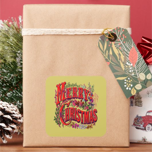 Vintage Style Merry Christmas Holiday Greeting  スクエアシール (クリスマス)