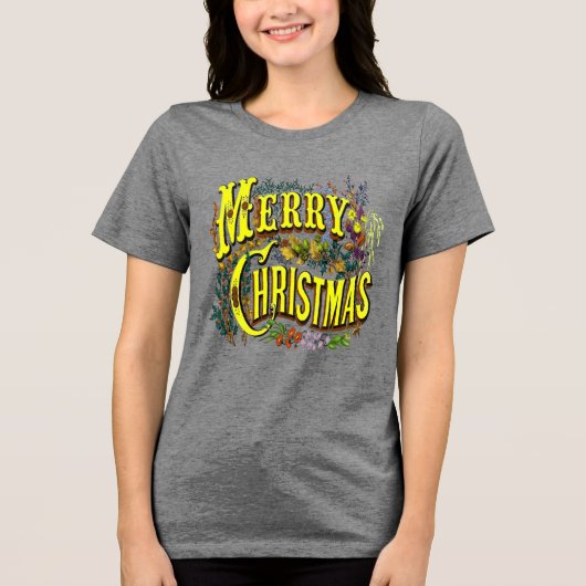 Vintage Style Merry Christmas Holiday Greeting トライブレンドＴシャツ (正面)