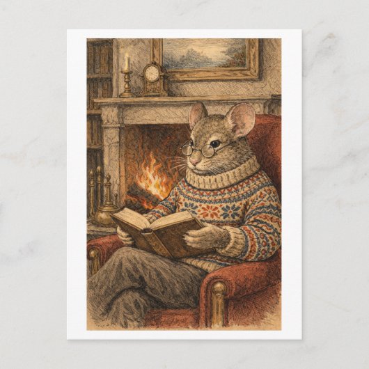 Vintage-Style Mouse Reading a Book ポストカード (正面)