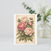 Vintage-Style Peony Botanical Illustration ポストカード (スタンド正面)