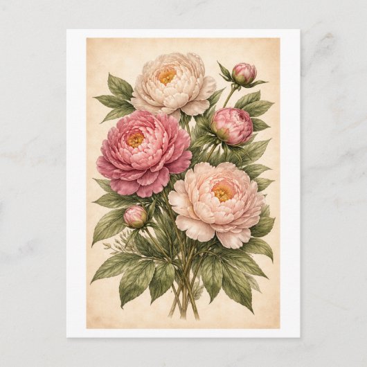 Vintage-Style Peony Botanical Illustration ポストカード (正面)