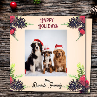 Vintage Style Pine Cone & Berries Christmas Photo  シーズンカード