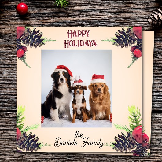 Vintage Style Pine Cone & Berries Christmas Photo  シーズンカード